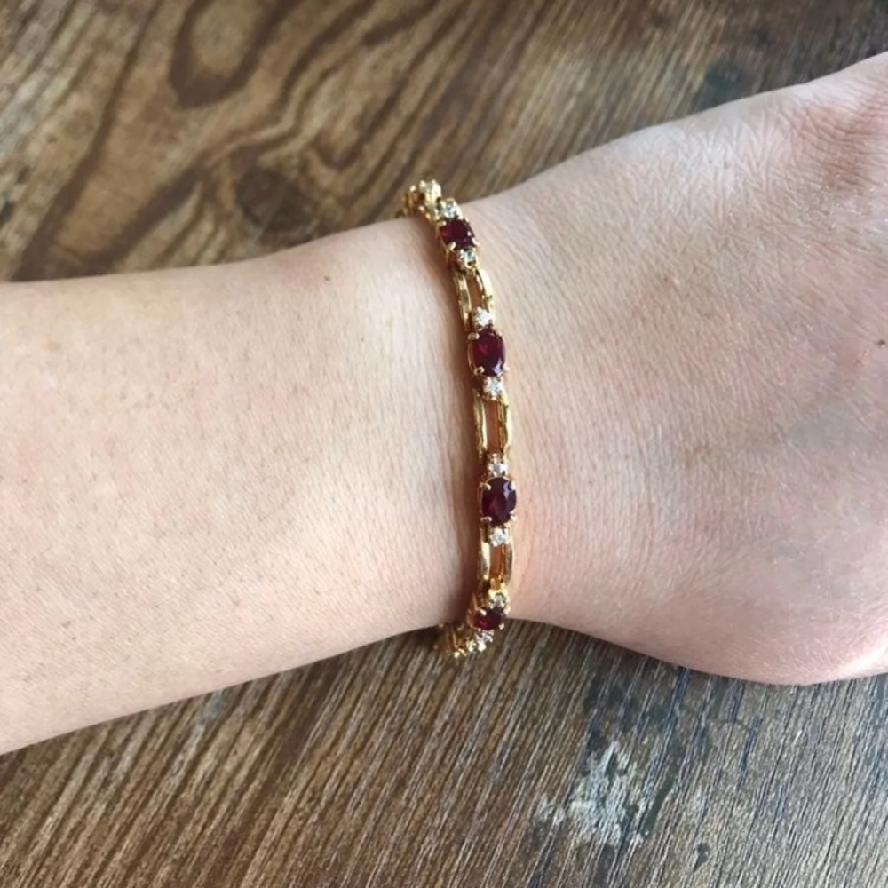 Gold over sterling 925 genuine diamond and garnet tennis bracelet. Like new. - Picture 2 of 13